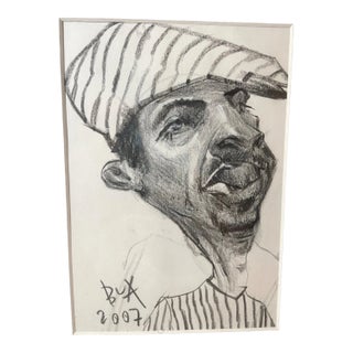 Original 2007 Justin Bua Pop Surrealism Conte Crayon Sketch Drawing Man Portrait For Sale