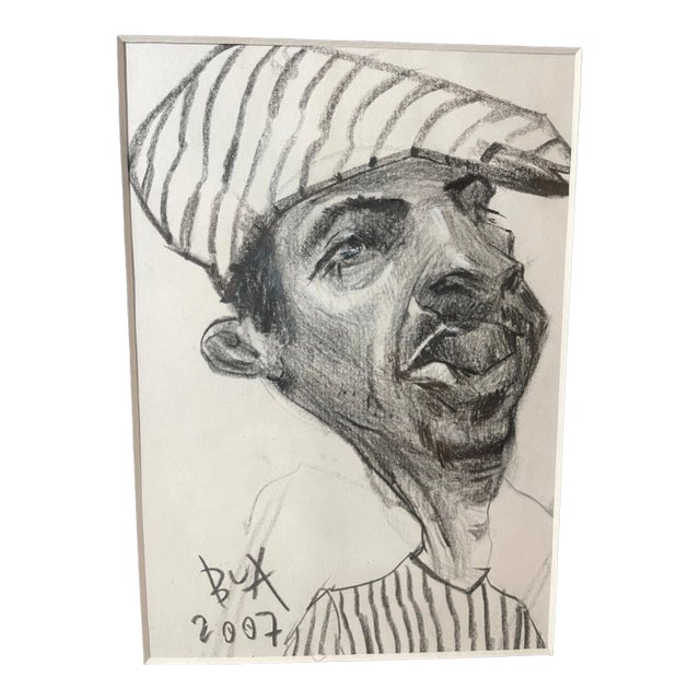 Original 2007 Justin Bua Pop Surrealism Conte Crayon Sketch Drawing Man Portrait For Sale