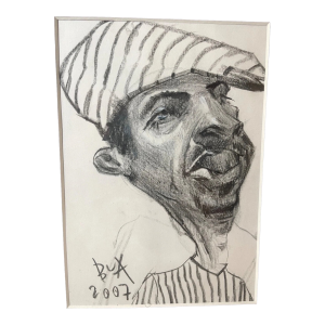 Original 2007 Justin Bua Pop Surrealism Conte Crayon Sketch Drawing Man Portrait