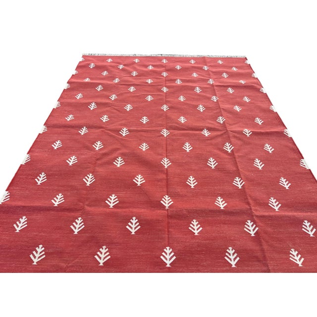 Textile Handwoven Cotton Area Rug, Terracotta and White Tree Patterned Dhurrie - 6'x9' For Sale - Image 7 of 12