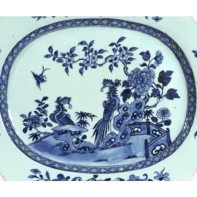 Late 18th Century Chinese Export Porcelain Underglaze Blue and White Shaped Dish With Birds and Peony For Sale - Image 4 of 12