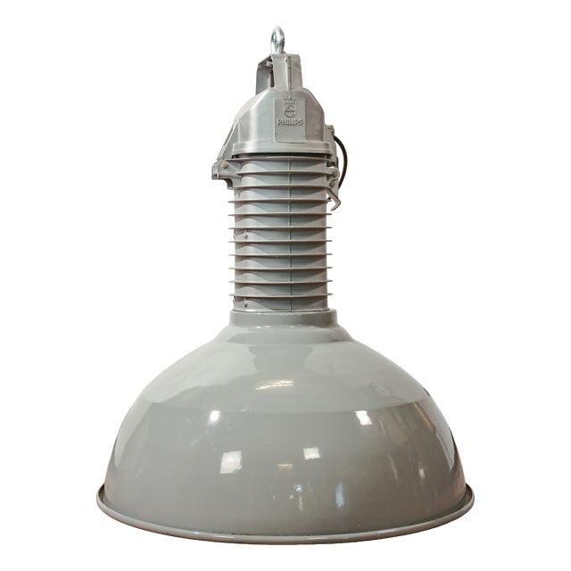 HDK Grey Enamel and Aluminum Factory Pendant Light from Philips, Holland, 1950s For Sale