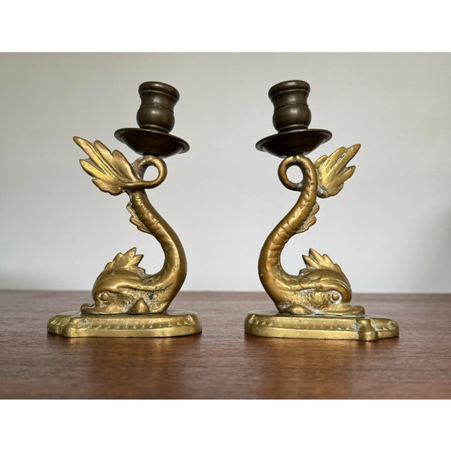 1980s Pair of Vintage Brass Neoclassical Dolphin Candlesticks For Sale - Image 5 of 7