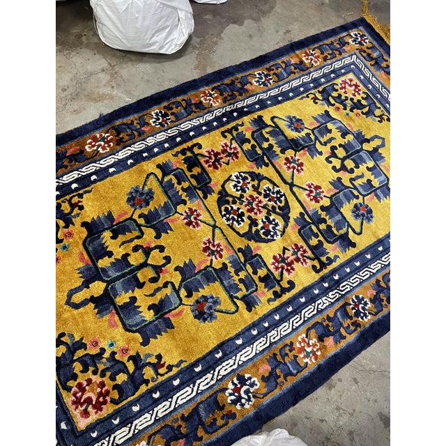 1950s Vintage 1950s Chinese Art Deco Silk Rug, Golden Yellow Field, 4'2" X 7'1" (128cm X 216cm) For Sale - Image 5 of 7
