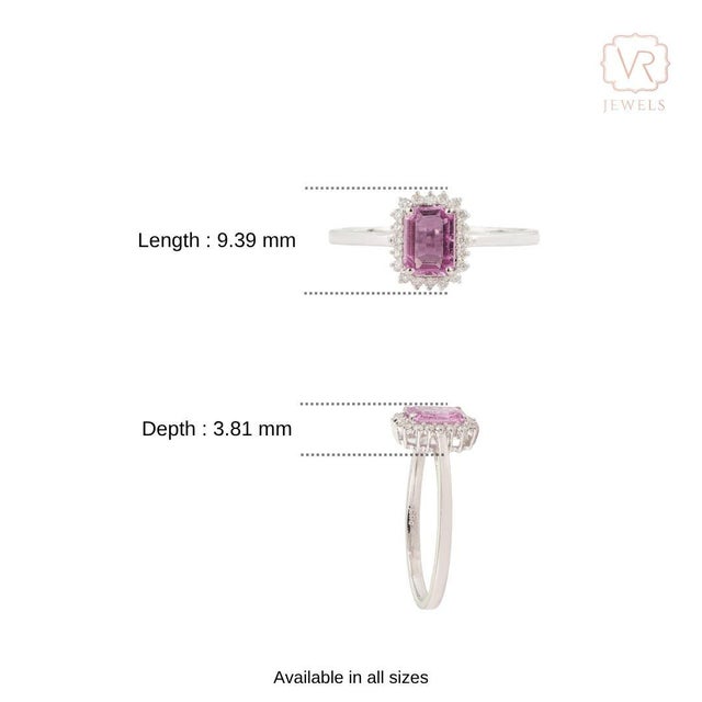 Art Deco Emerald-Cut Pink Sapphire & Diamond Halo Ring in 14k White Gold Size 8 For Sale - Image 11 of 16