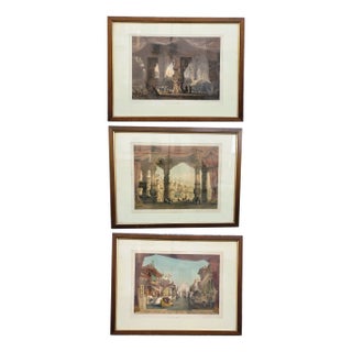 Eug Cicéri, Theater Decorations, 19th Century, Watercolored Engravings, Framed, Set of 3 For Sale