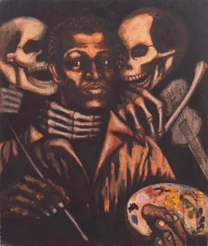 'Words to the Wise' by John Diallo Jones, 1972, African American Memento Mori, Skeletons, Bay Area, Black