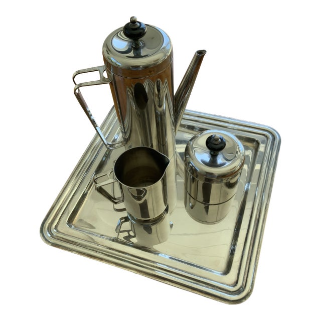 Cristofle-Style 1930s Italian Moderne Silver Plate Coffee Set With Tray, Creamer and Sugar Bowl - 4 Pieces For Sale
