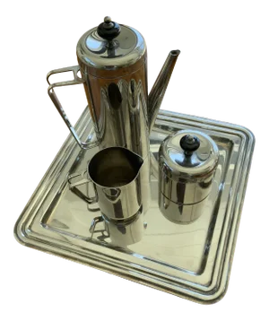 Cristofle-Style 1930s Italian Moderne Silver Plate Coffee Set With Tray, Creamer and Sugar Bowl - 4 Pieces