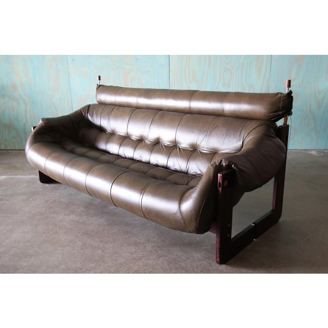 Mid-Century Modern 1970s Percival Lafer Green Sofa Mp 97 Leather Sofa Extended Head Rest For Sale - Image 3 of 13