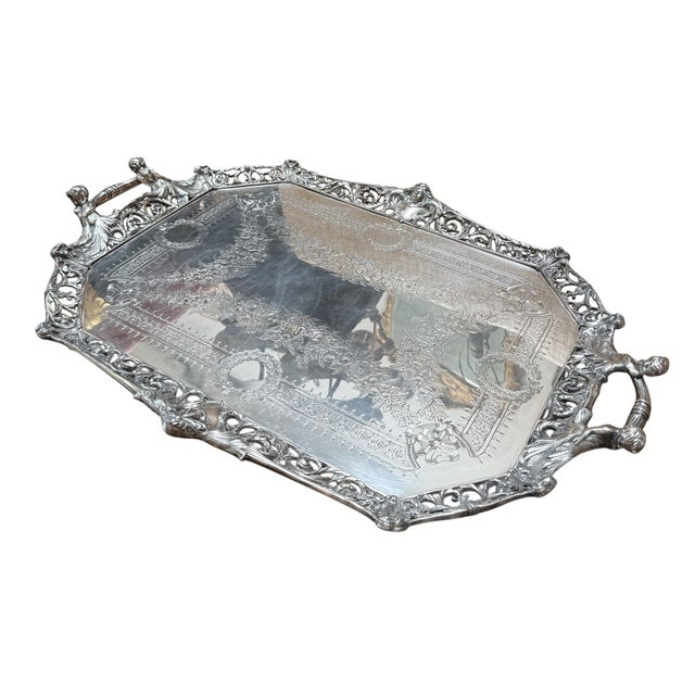 Antique Walker & Hall Silverplate Serving Tray W Figural Handles & Faces.