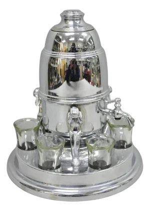 Vintage Art Deco Figural Chrome Metal Barware Samovar Decanter W/ Shot Glasses - 7pcs