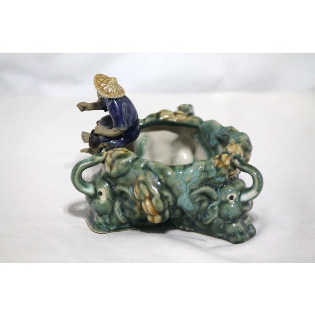 Chinese Antique Majolica Glazed Chinese Mudman and Elephant Planter For Sale - Image 3 of 9