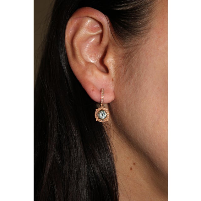 Green Amethyst Prasiolite Diamond Halo Rose Gold Huggie Drop Unique Earrings, A Pair For Sale - Image 11 of 11