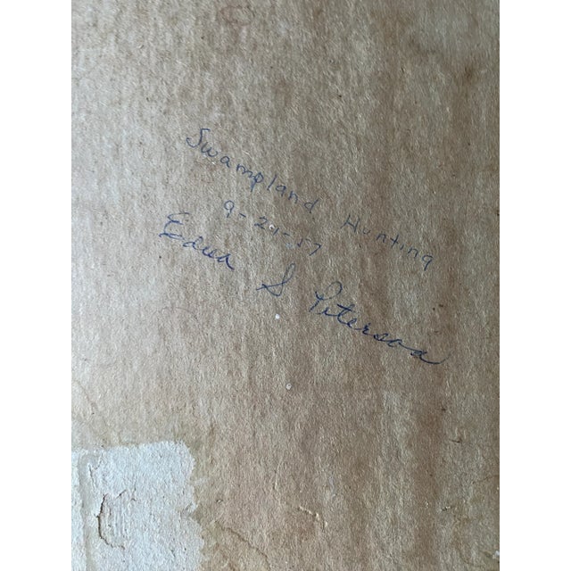 1950s 1957 Edna Peterson Swampland Hunting Oil Painting For Sale - Image 5 of 6