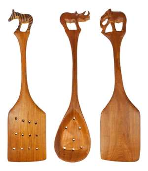 Mid-Century Hand Carved Solid Tribal Safari Animal Carved Serving Utensil - Set of 3