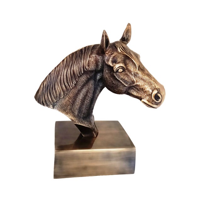 1970s Antique Brass Finish Metal Hand Carved Horse Head Bust Sculpture For Sale - Image 9 of 10