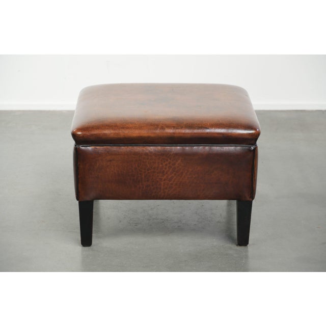 Large Dark Brown Square Ottoman Made of Sheepskin with Black Piping For Sale - Image 5 of 12