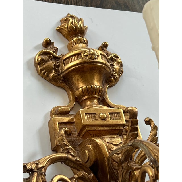 Antique Large 3 Light French Gold Gilt Bronze Pair Wall Sconces Figural Heads With Horn For Sale In Atlanta - Image 6 of 12