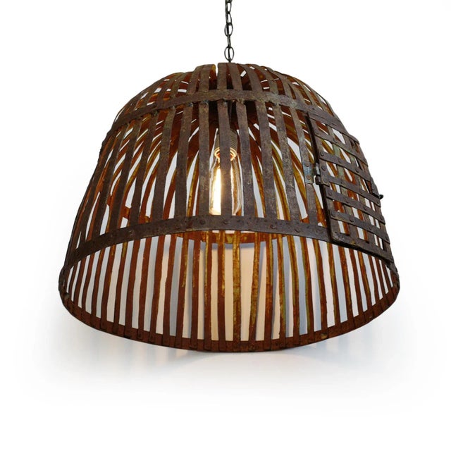 Industrial Vintage Iron Basket Cage Rustic Pendant Light For Sale - Image 4 of 7
