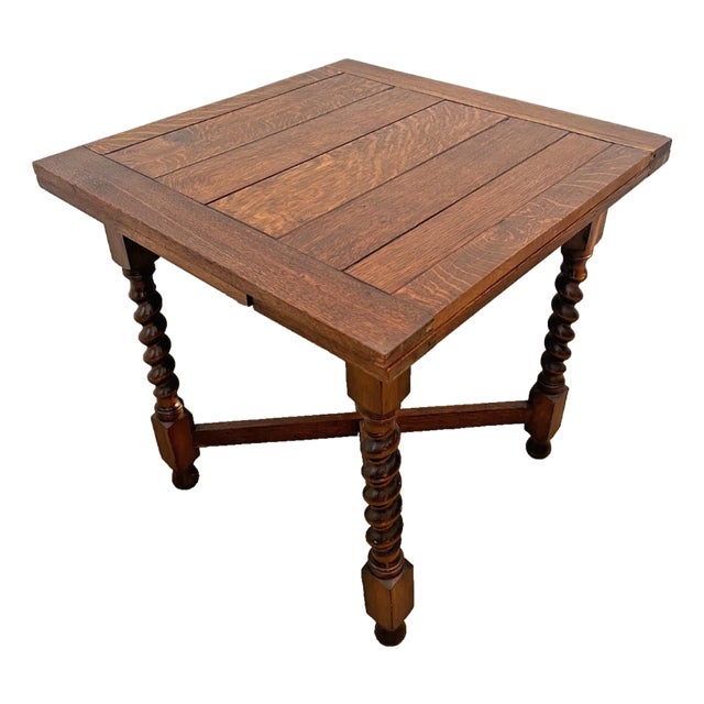 Antique Expanding Pub Kitchen Table Barley Twist Legs Rare Petite Size Solid Oak For Sale
