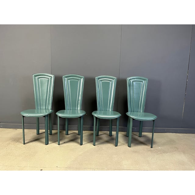Vintage Green Leather Dining Chairs, 1980s, Set of 4, in Very Good conditions. Designed 1980 to 1989