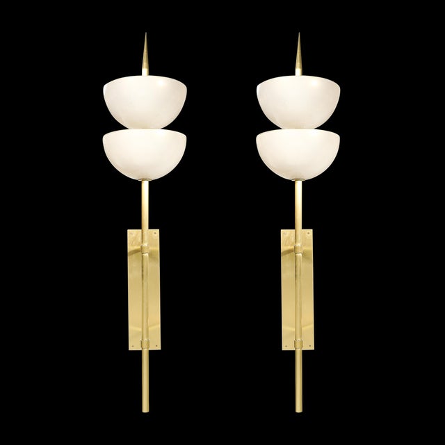Brass Modernist Hand-Blown Murano Glass Reverse Dome Form Brushed Brass Sconces For Sale - Image 8 of 18