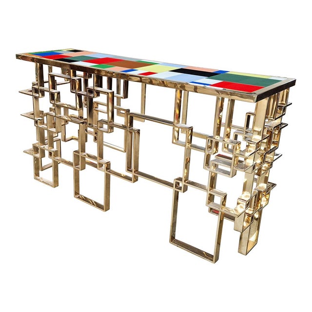 Double-Sided Console in Chrome-Gold Steel and Multicolored Murano Glass Top, 1980s For Sale - Image 3 of 12