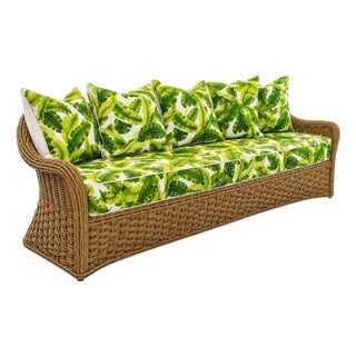Vintage Basket Wave Sofa With Custom Banana Leaf Cushions For Sale