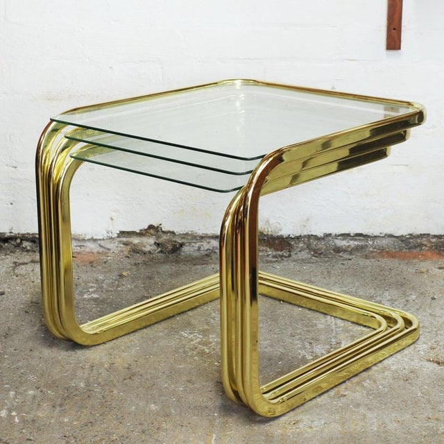 Milo Baughman Mid-Century Modern Brass and Smoked Glass Nesting Tables by Milo Baughman, 1970s, Set of 3 For Sale - Image 4 of 7