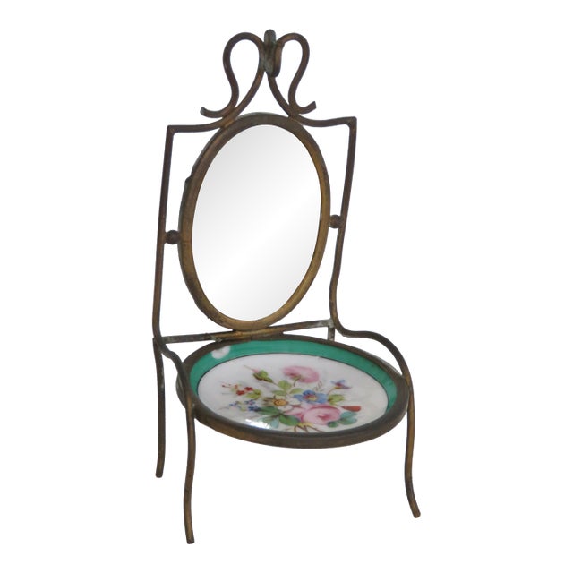Victorian Brass and Porcelain Miniature Chair Mirrored Pocket Watch Holder 5052b For Sale