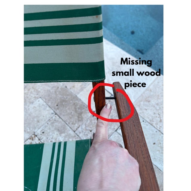 Mid 20th Century Folding Patio Chairs Pair – Stained Wood With Green & White Canvas, A Pair For Sale In Dallas - Image 6 of 12