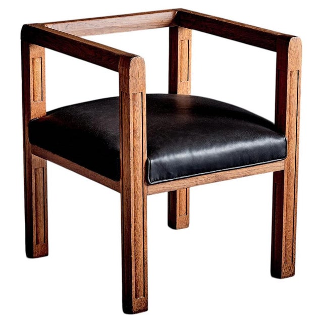 Art Deco Armchair in Oak with Upholstered Black Leather, France, 1920s For Sale - Image 15 of 15
