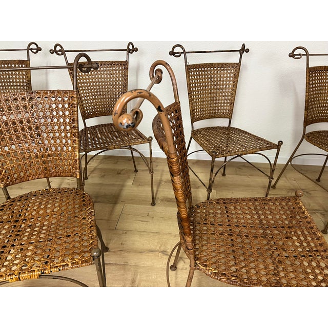Wood Italian Chairs with Curved Iron Frame, Wicker Backrest and Seat, 1970s, Set of 10 For Sale - Image 7 of 8