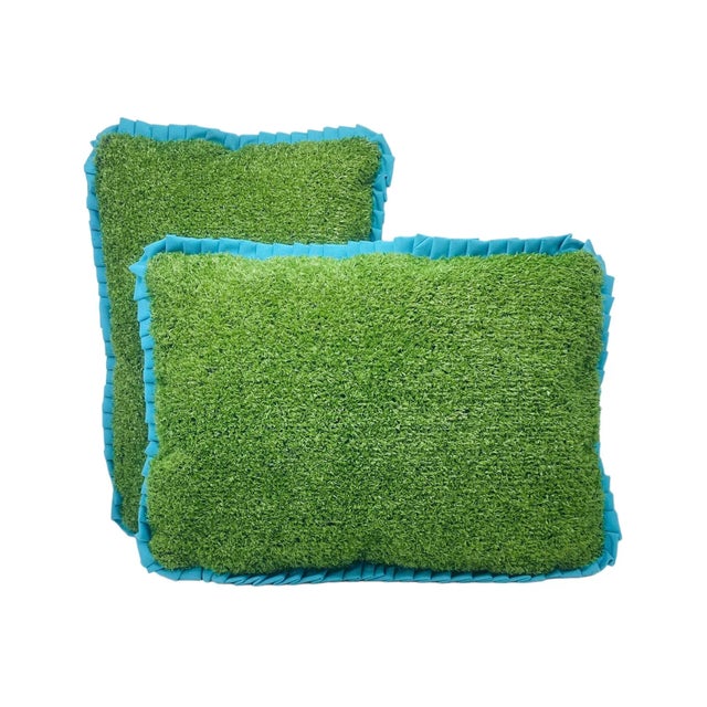 Custom Handcrafted Artificial Turf Lumbar Pillow With Turquoise Ruffle - Small Lumbar For Sale In Tampa - Image 6 of 10