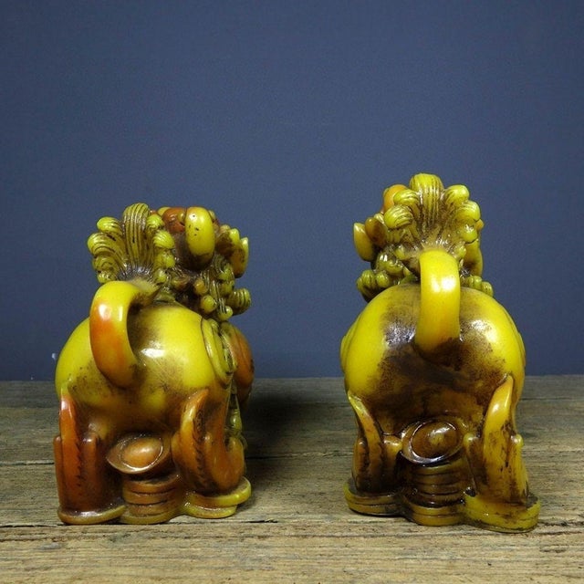 Amber Pair of Vintage Shoushan Stone Pi Xiu Figures – 5.5" Carved Guardian Beasts For Sale - Image 8 of 9