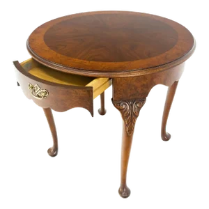 Baker Burl Wood Banded Walnut Carved Legs One Drawer Lamp End Table Stand