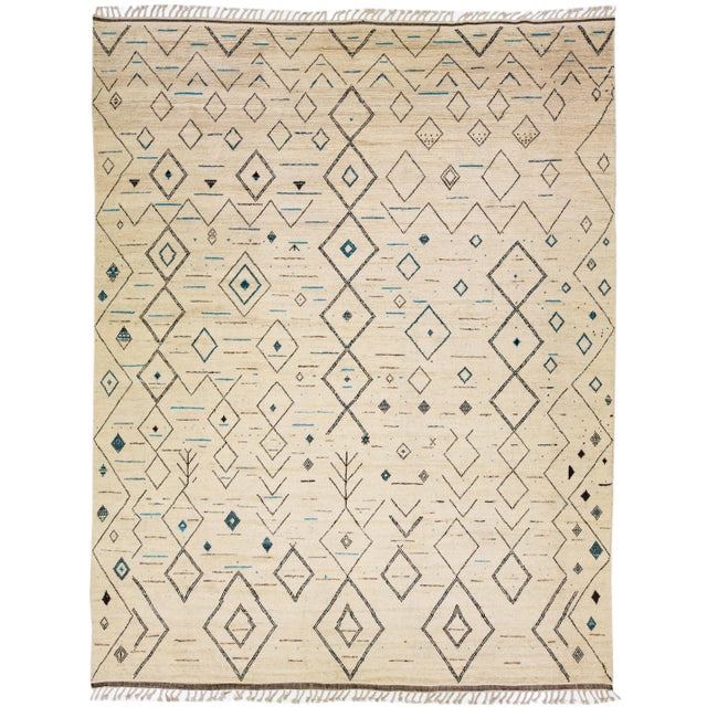 Textile Beige Moroccan Berber Style Handmade Geometric Wool Rug For Sale - Image 7 of 7