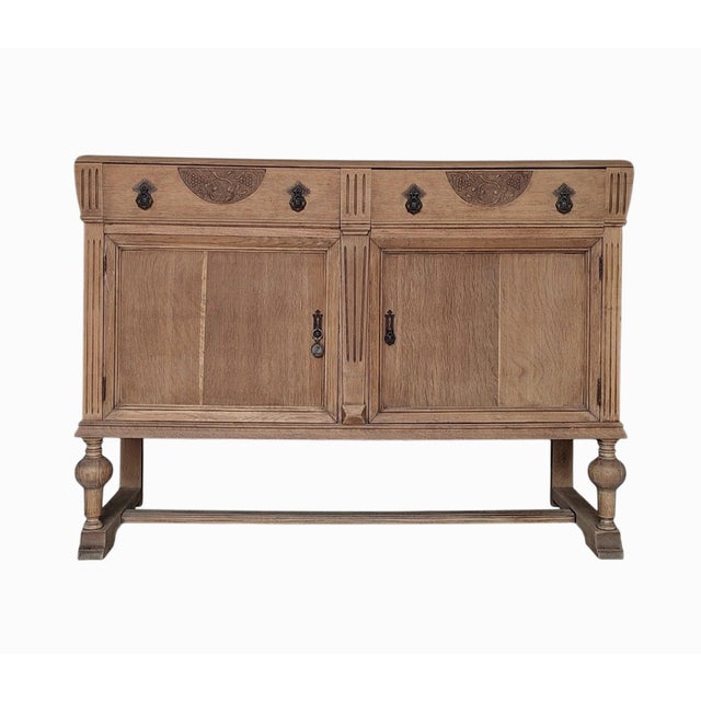 1940s Antique English Oak Sideboard With Bun Feet and Carved Details For Sale - Image 5 of 12