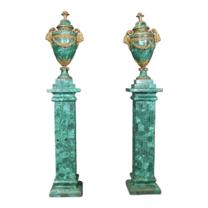 Superb Pair of Mounted French Pedestals With Bronze Mounted Malachite Urns