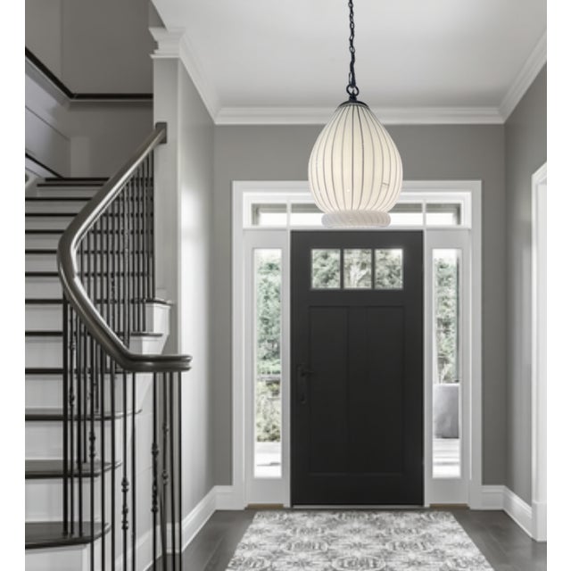 Late 20th Century Vintage Murano Striscia Art Glass White Oval Pendant Light With Black Stripes For Sale - Image 5 of 18