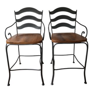 Ethan Allen Legacy French Country Wood Seat Bar Stools - a Pair For Sale