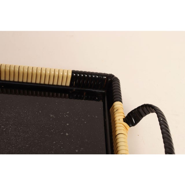 Art Deco Cream and Black Woven Rubber Vanity/Serving Tray With Glass Surface For Sale - Image 10 of 15