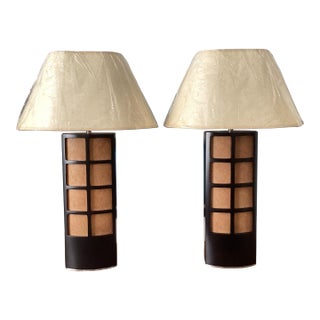 Late 20th Century Asian-Inspired Espresso-Stained Wood & Parchment Grid Table Lamps With New Shades - a Pair For Sale