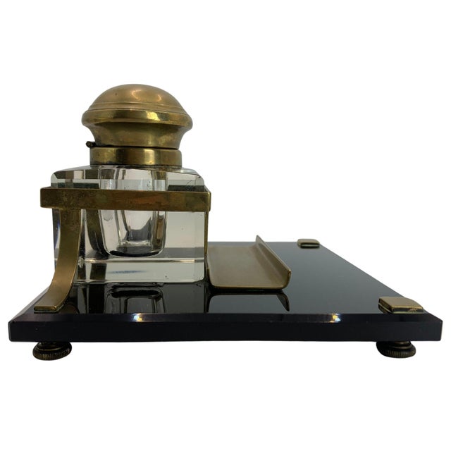 Art Deco Lacquered Desk Set with Brass Bound Bevelled Glass Inkwell, Set of 4 For Sale - Image 11 of 18