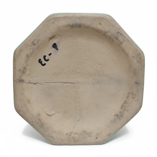 1920s “Rare Art Deco Zanesville Stoneware Trumpet Vase, Speckled Aqua-Glaze, C. 1925–1935” For Sale - Image 5 of 7