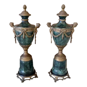 Pair of Mid-20th Century Decorative Urns With Green Patina Finish and Gilt Accents