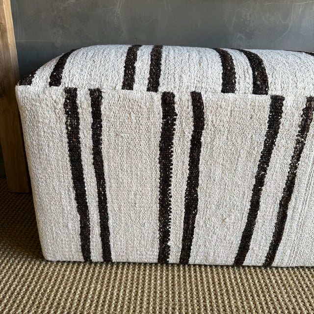 Rectangular Off-White & Dark Brown Striped Ottoman Made From a Vintage Turkish Rug For Sale - Image 4 of 9