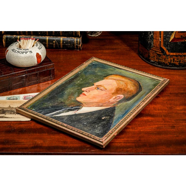Art Deco Era Antique Oil Painting Profile Portrait of Young Man in Suit Framed For Sale - Image 11 of 12