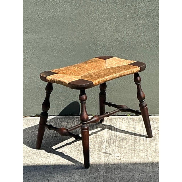 Vintage Rush Seat Turned Wood Low Stool For Sale In West Palm - Image 6 of 12